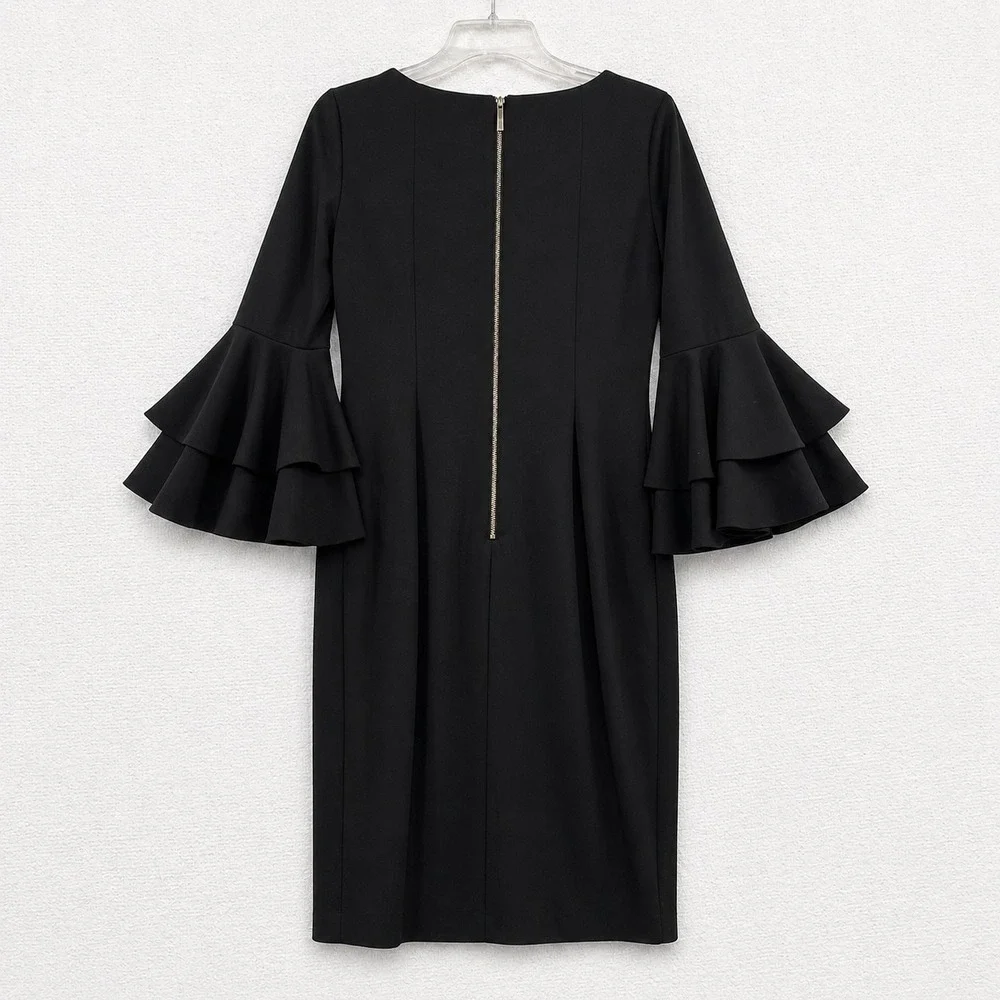 Calvin Klein Black Tiered Ruffle Bell Sleeve Sheath Dress Size 4 CD8C117C